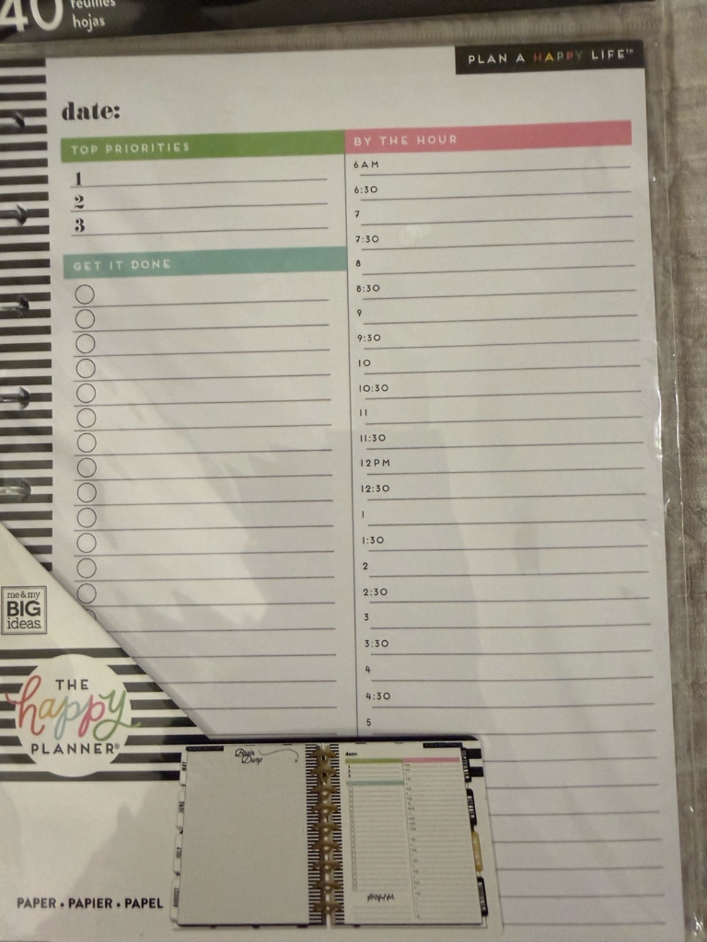 The Happy Planner Daily Pages - 40 Sherts White with Green & Pink Accents
